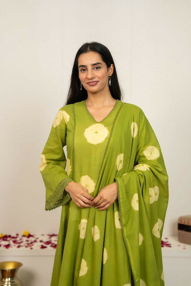 Green Tie & Dye Cotton Suit Set for Everyday Wear