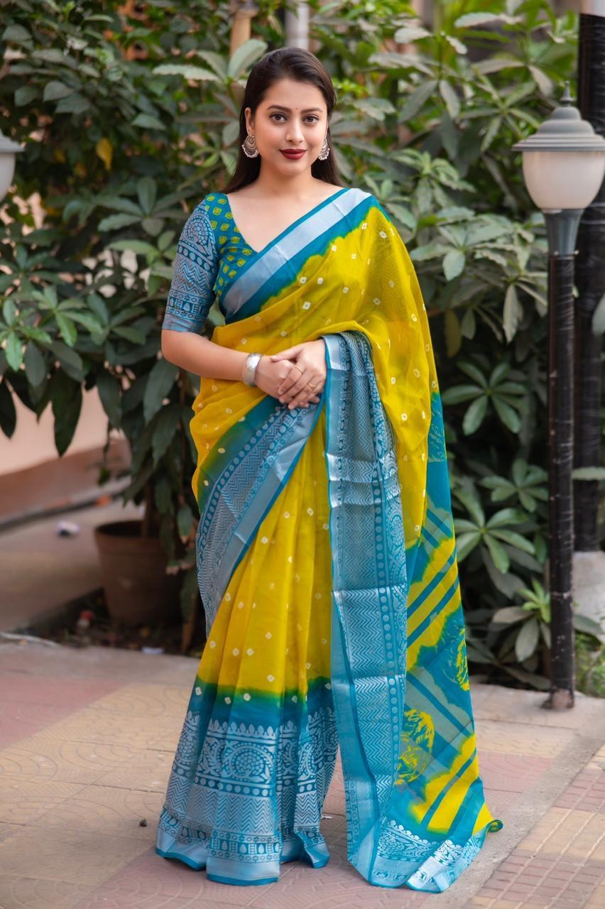 Yellow Jute Silk saree with Bandhani print and elegant cut broaso border