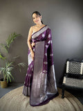Wine colored soft silk Banarasi saree with intricate floral motif detailing