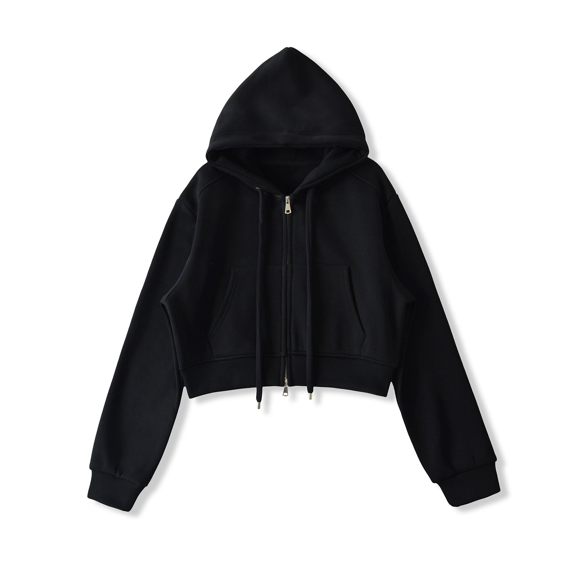 Velvet Cropped Zip-Up Hoodie Sweatshirt with Drawstring - Image 6