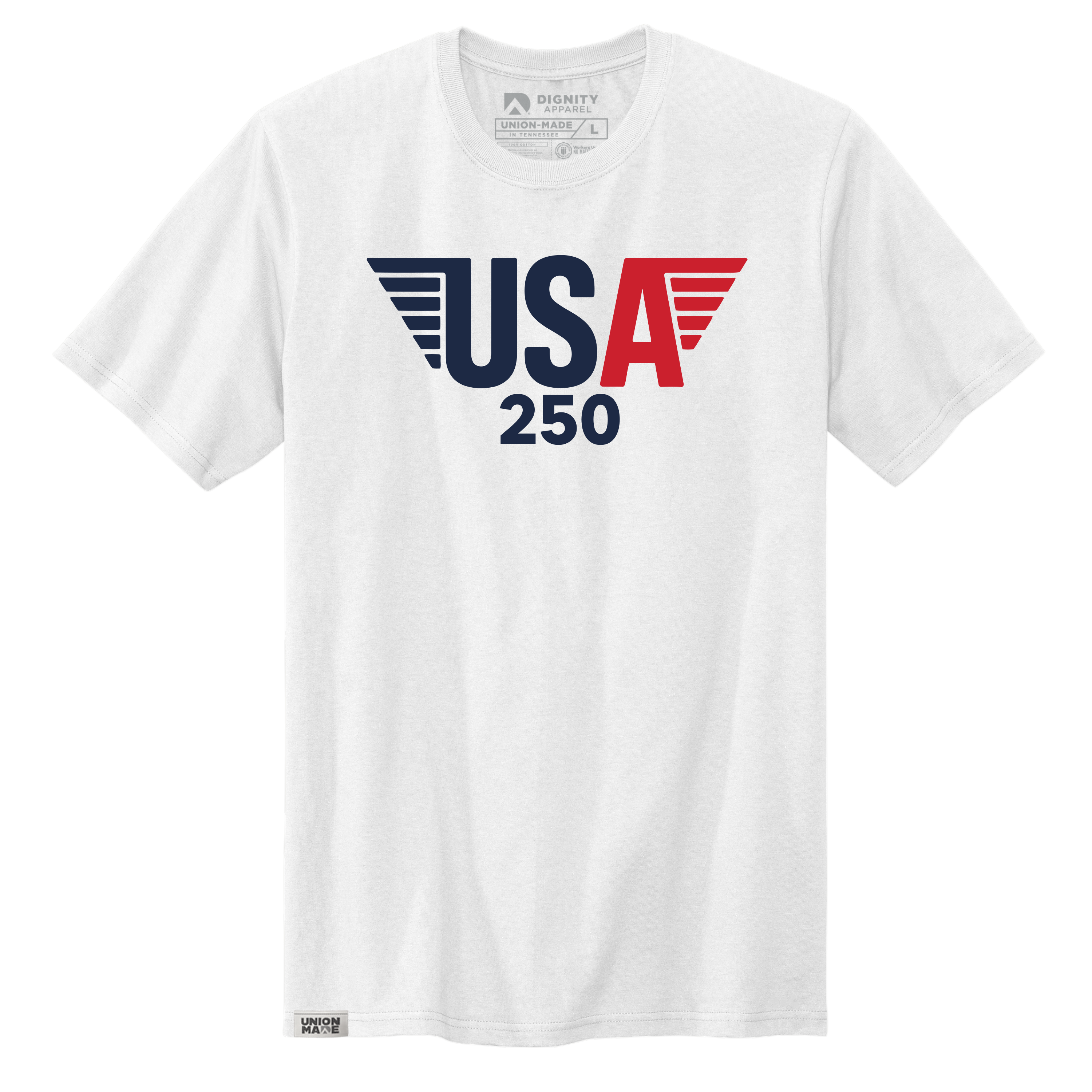A white or red T-shirt with Wings USA 250 graphic printed on the chest, showcasing patriotic typography.