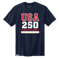 A navy blue graphic t-shirt featuring the text USA 250 YEARS OF GREATNESS in red, white, and yellow print.