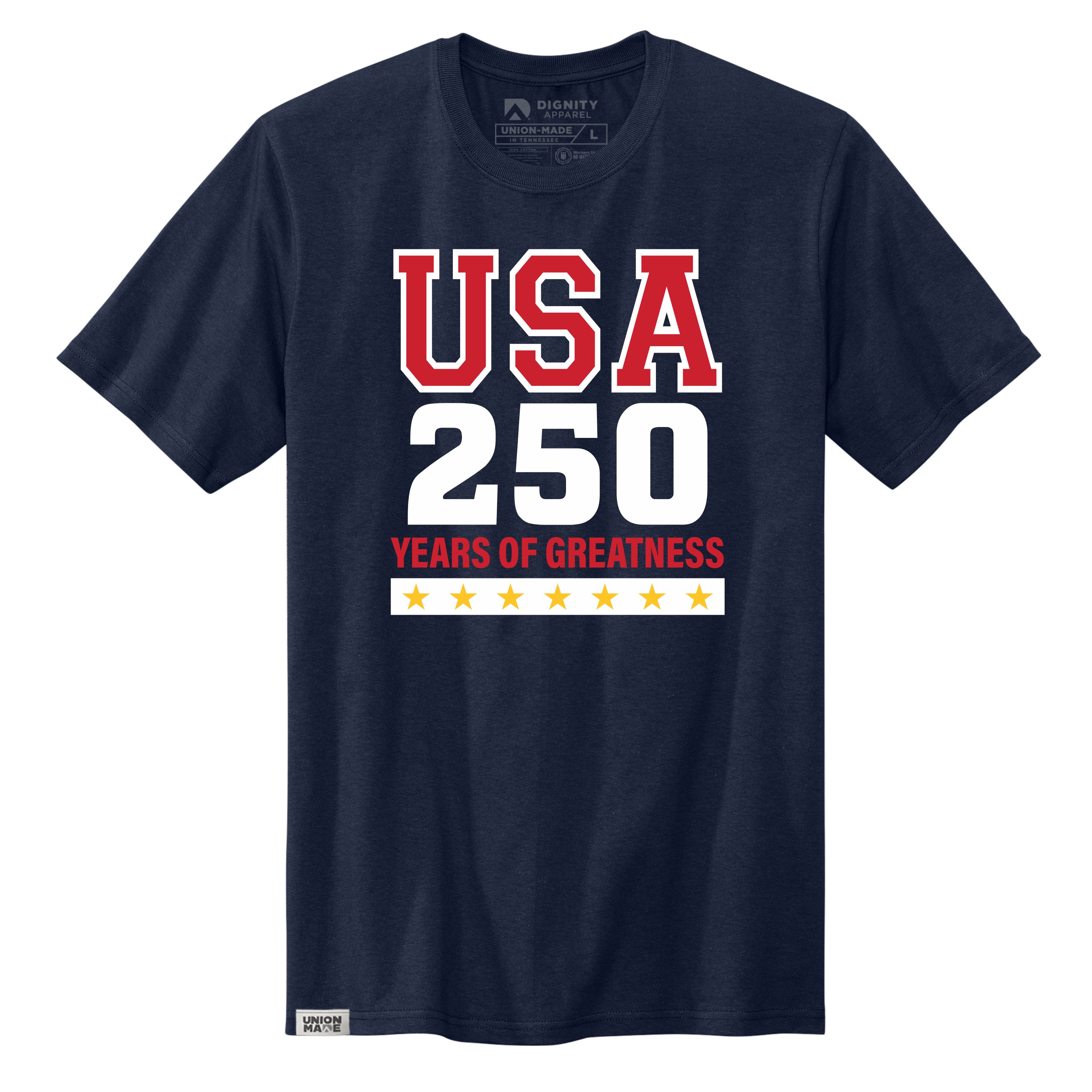 A navy blue graphic t-shirt featuring the text USA 250 YEARS OF GREATNESS in red, white, and yellow print.