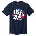 Navy blue crew neck t-shirt with a round USA 250th 1776-2026 graphic in red, white, and blue colors