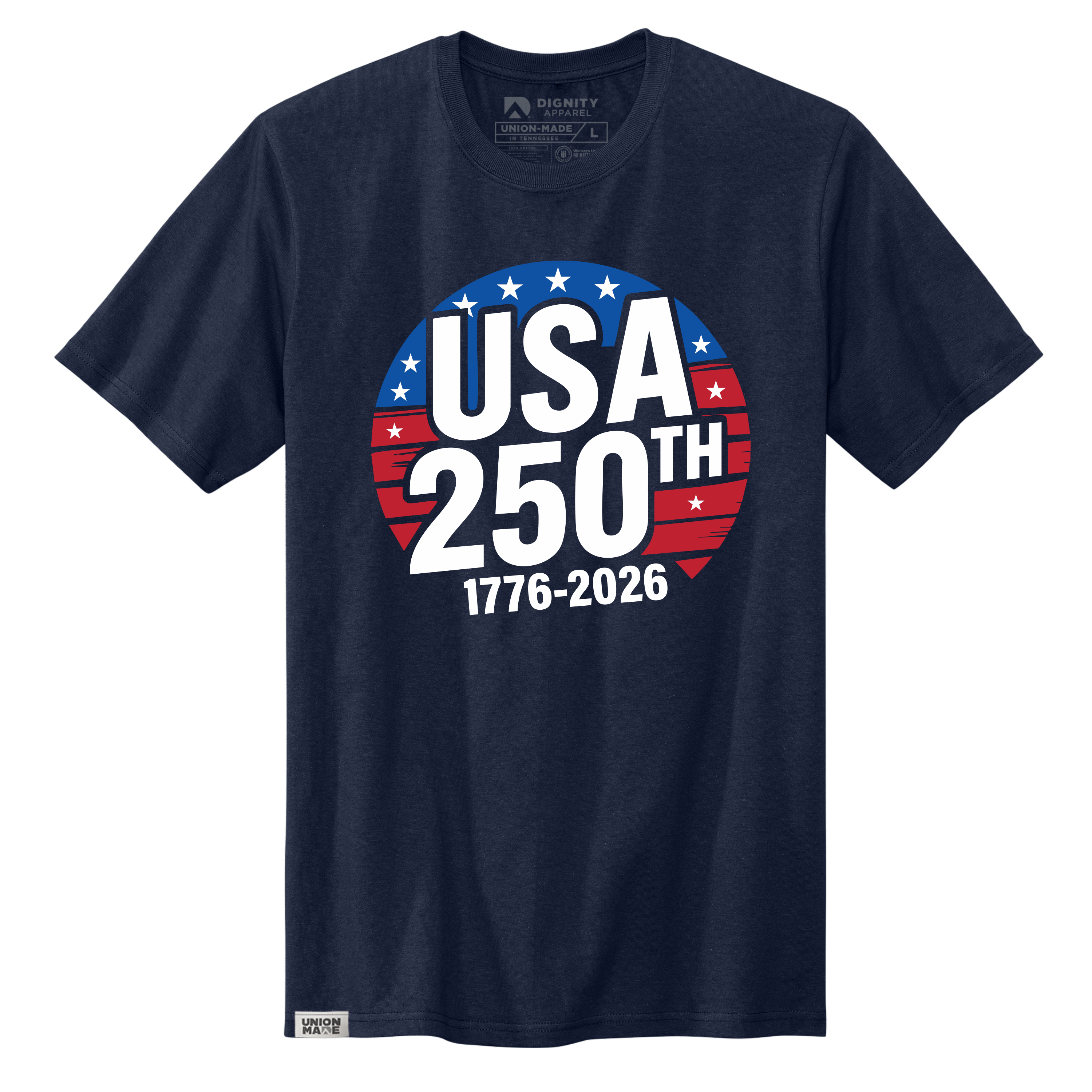 Navy blue crew neck t-shirt with a round USA 250th 1776-2026 graphic in red, white, and blue colors