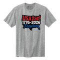 Gray short sleeve t-shirt featuring a USA map graphic with the text USA 250, 1776-2026, and Freedom.