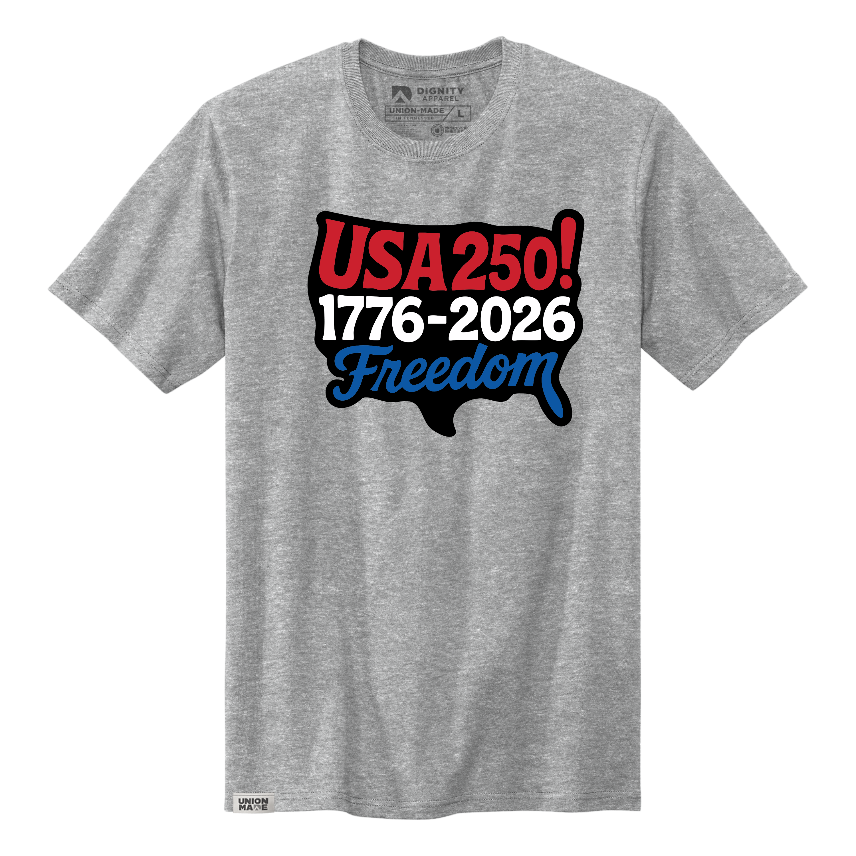 Gray short sleeve t-shirt featuring a USA map graphic with the text USA 250, 1776-2026, and Freedom.