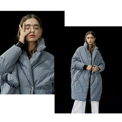 Oversized Slate Blue Quilted Down Coat for Women - Long Puffer Style - Image 7