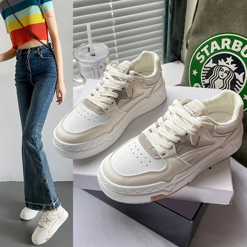 Women's Platform Casual Sneakers - Color Block Lace-Up Design