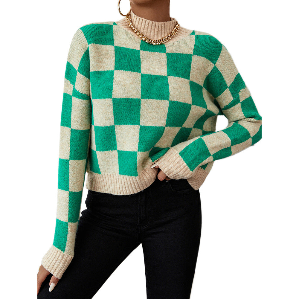 Women's Green Beige Checkerboard Knitted Mock Neck Pullover Sweater - Image 2