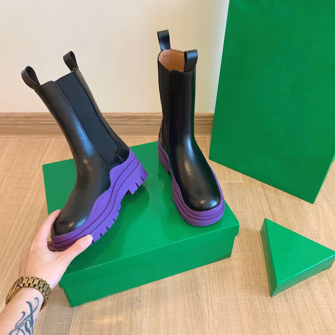 Women's Mid-Calf Chelsea Boots with Chunky Neon Green Sole - Image 7