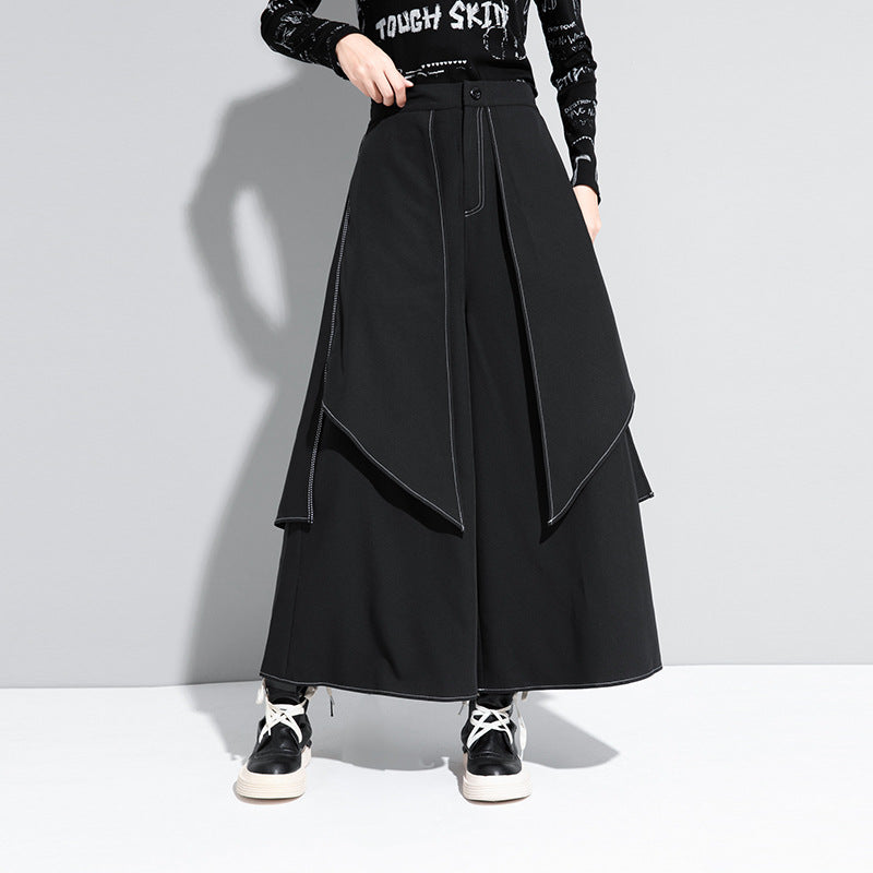 Women's Black Loose Wide Leg Pants with White Stitch Detail - Image 2