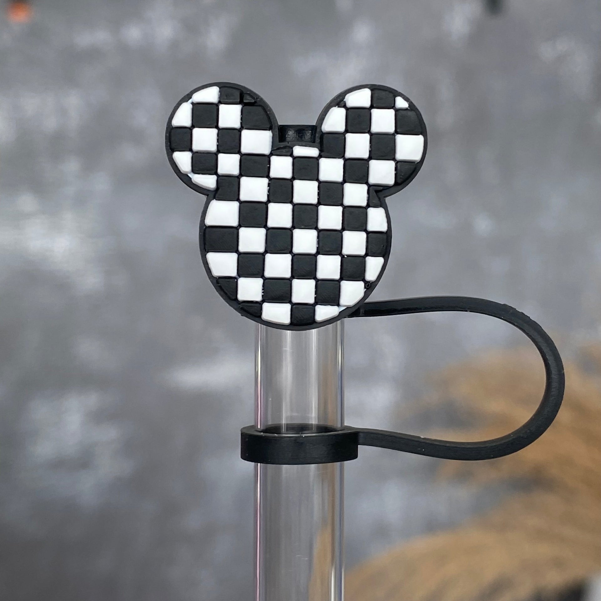 Black & White Checkers Straw Topper- Magical Vacation