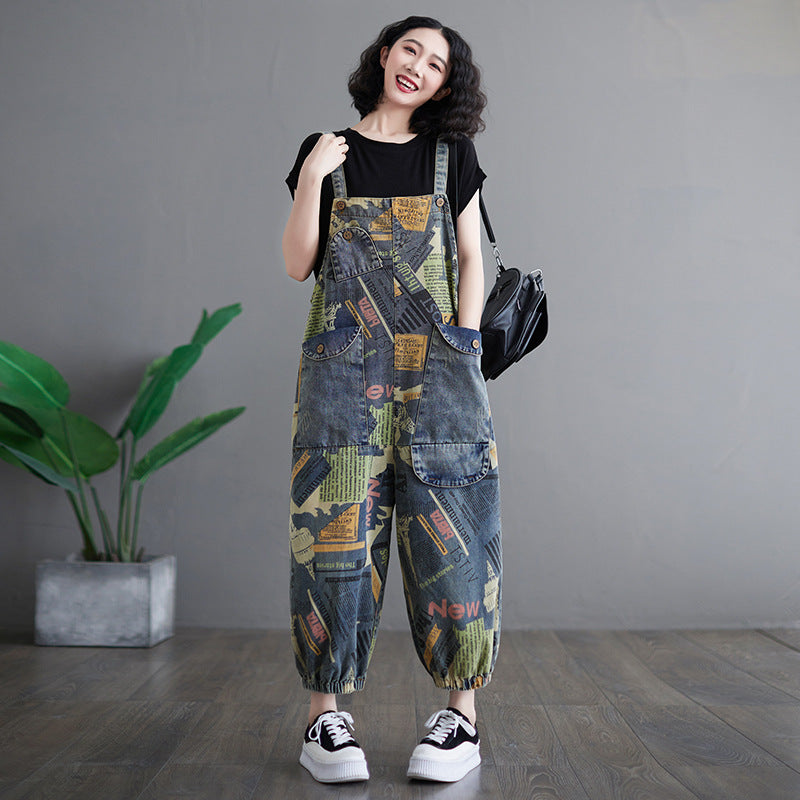 Women's Retro Artistic Print Denim Overalls Loose Fit - Image 3