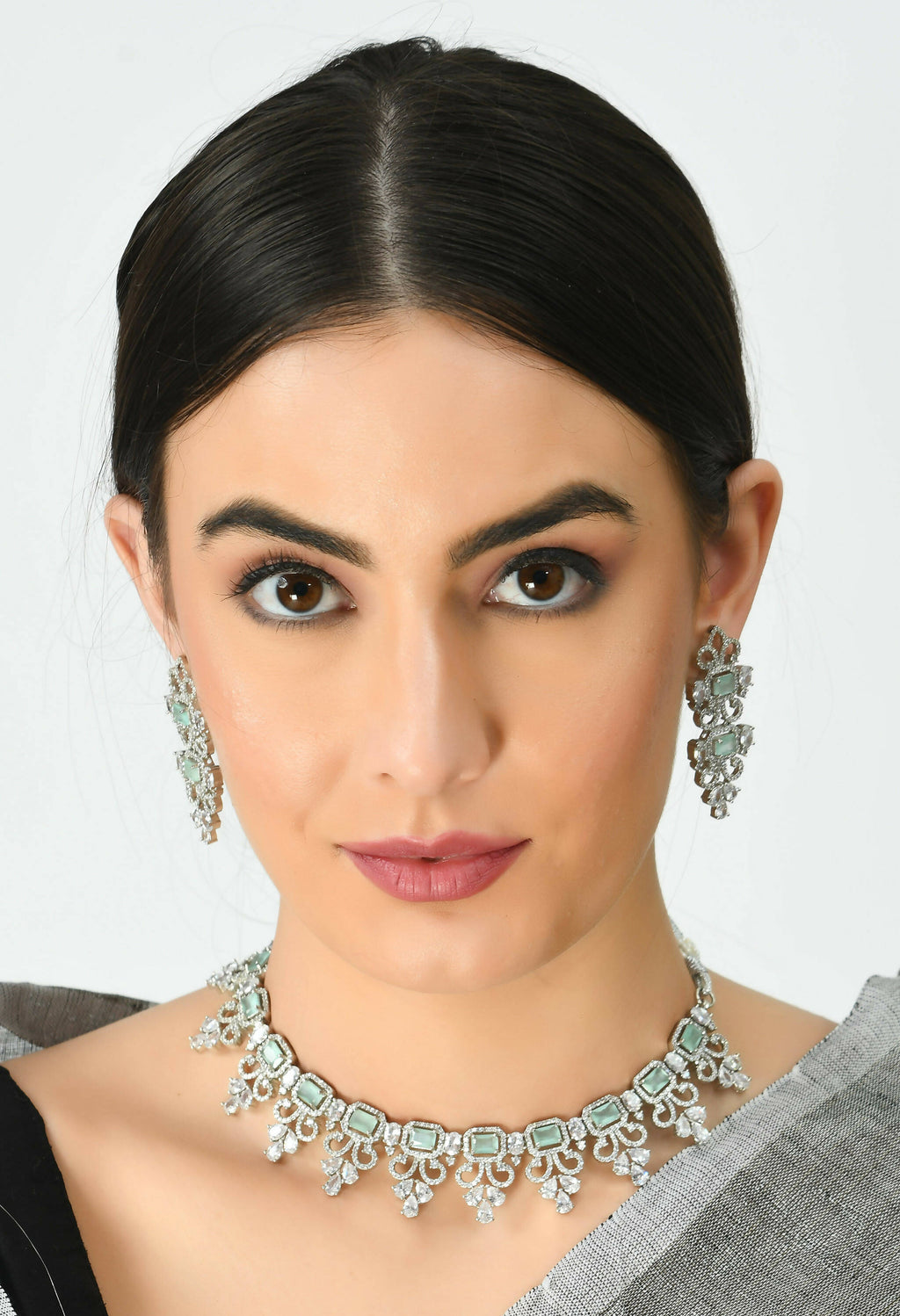 Silver-Plated American Diamond Pista Green Choker Necklace Set