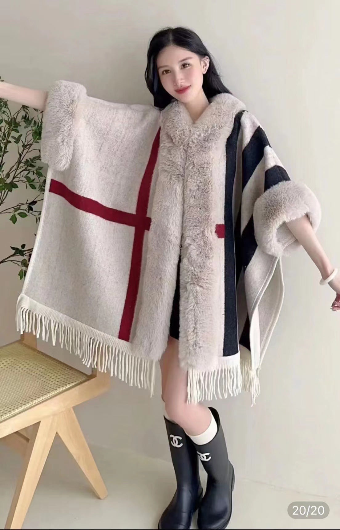 Women's Knitted Hooded Poncho with Fur Trim & Tassels for Winter