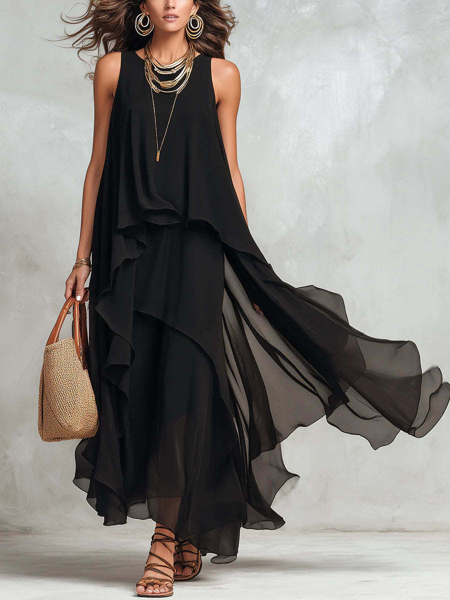 Black Asymmetrical Chiffon Maxi Dress - Flowy Sleeveless A-Line