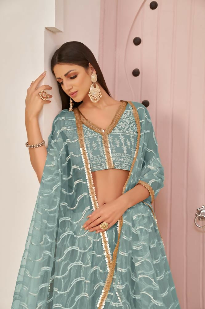 Ocean Blue Butterfly Net Lehenga with Zari and Sequence Work