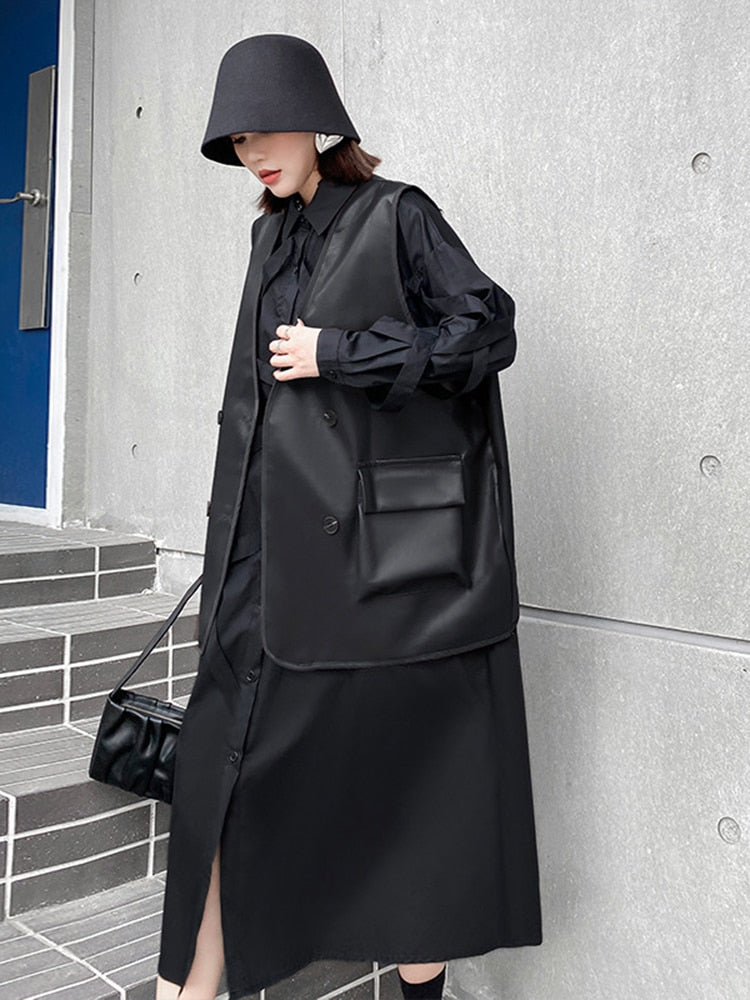 Women Coffee Color Leather Vest Oversized Loose Fit V-Collar - Image 3