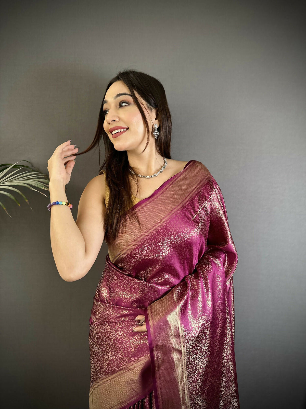 Purple Floral Motif Soft Satin Silk Kanchipuram Saree