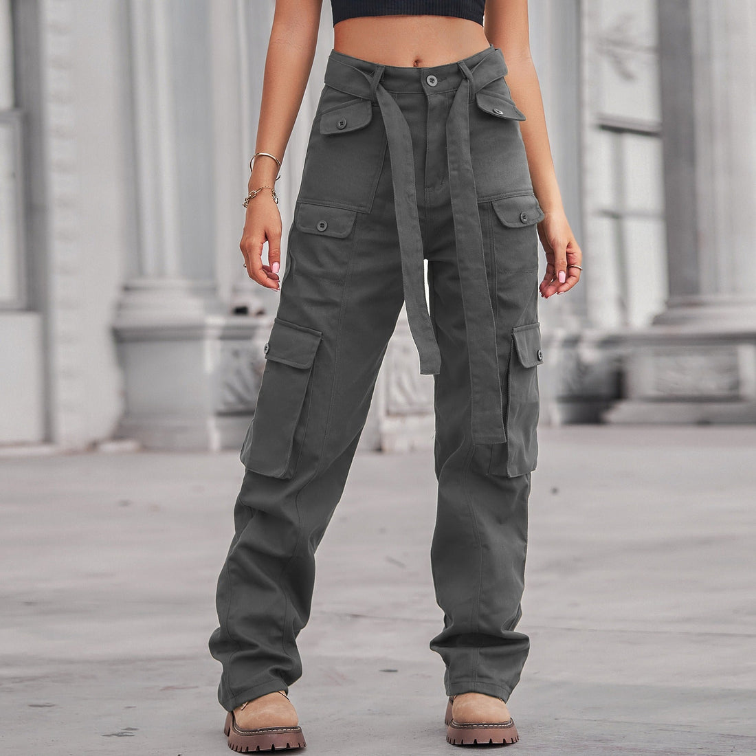 Washed Denim Multi-Pocket Cargo Pants with Tie Waist - Image 2