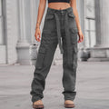 Washed Denim Multi-Pocket Cargo Pants with Tie Waist - Image 2