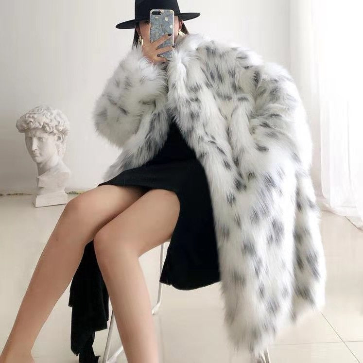 Women White Leopard Faux Fur Long Jacket Harajuku Style Coat - Image 5