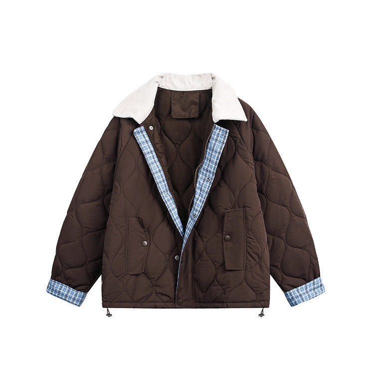 Yellow Diamond Quilted Short Jacket with Brown Flip Collar - Image 3