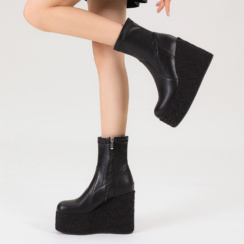 Women's Black Punk Platform Wedge Ankle Boots - Image 3