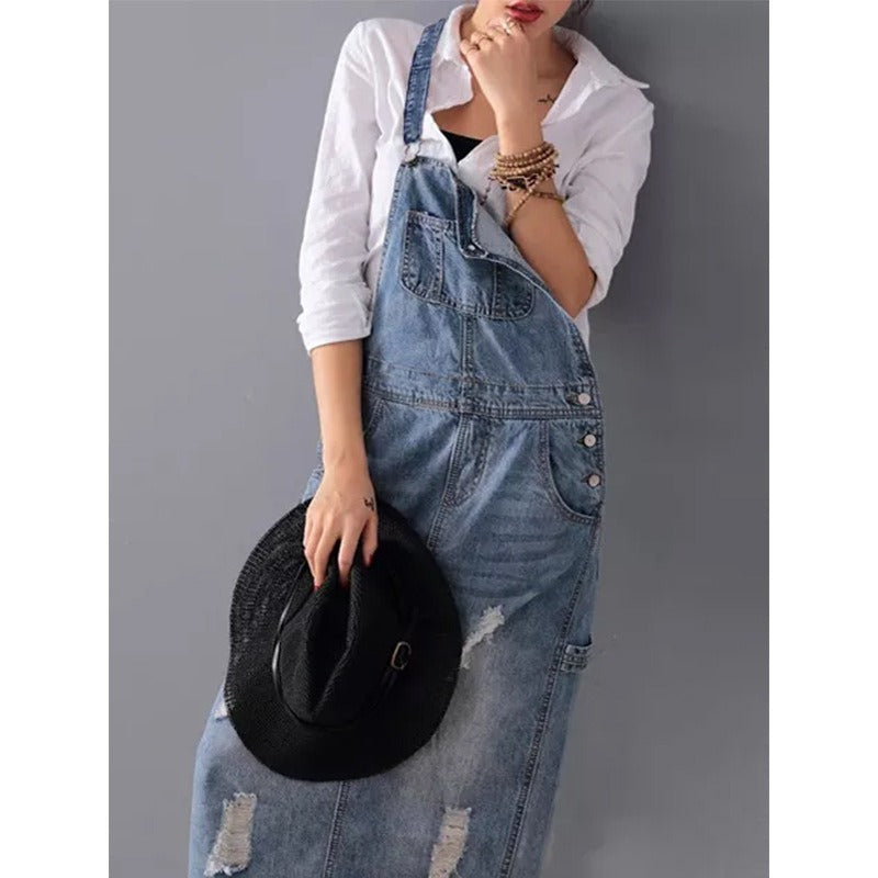 Distressed Blue Denim Overall Midi Dress with Adjustable Straps - Image 4