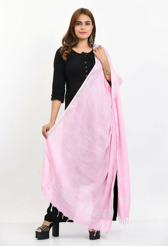Elegant baby pink linen-cotton dupatta with decorative silver border