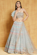 Light Turquoise Organza One-Shoulder Bridal Lehenga with zari and paper mirror embroidery