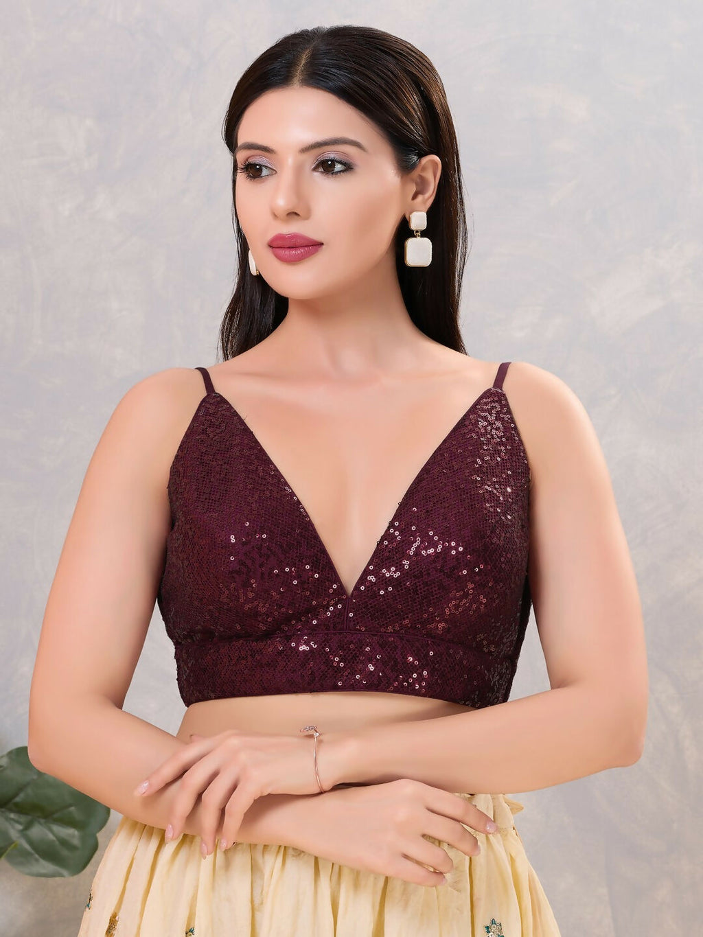 Glamorous dark-maroon sequin stitched blouse perfect for evening parties.