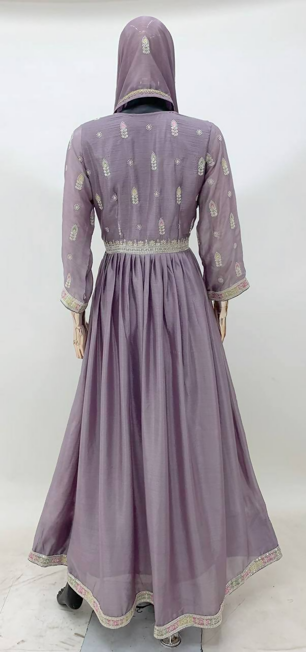 Lavender Chinon Embroidery Sequins Work Stitched Gown