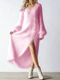 V-Neck Loose Button Slit Dress – Long Sleeve Midi