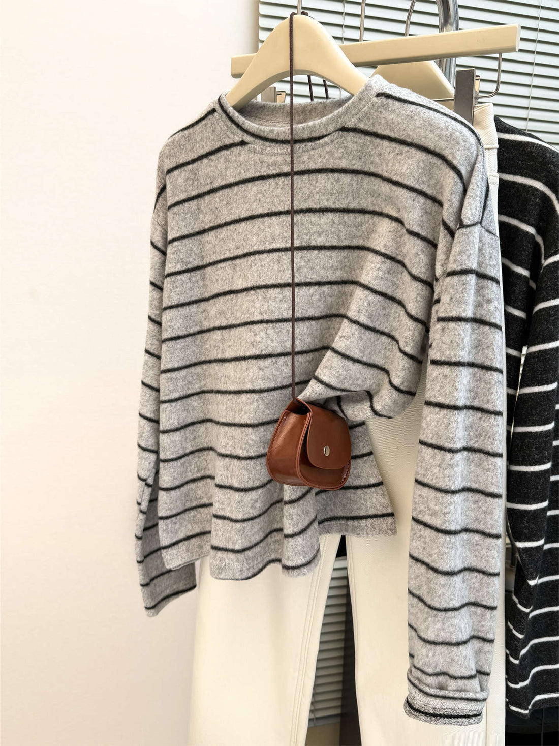 Women's Grey Striped Fleece-Lined Crew Neck Long Sleeve Sweater - Image 6