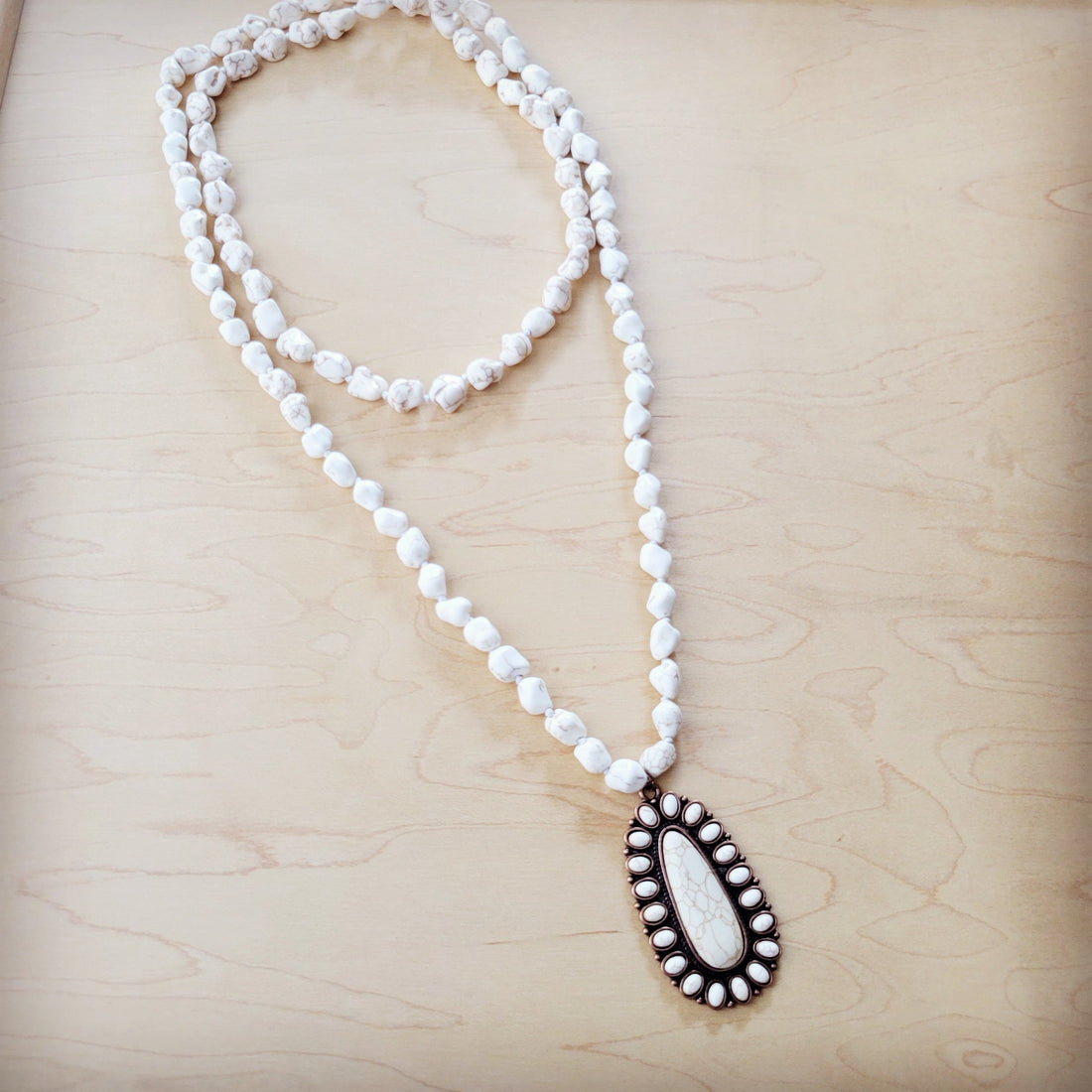 Long White Howlite Beaded Necklace with Squash Blossom Pendant