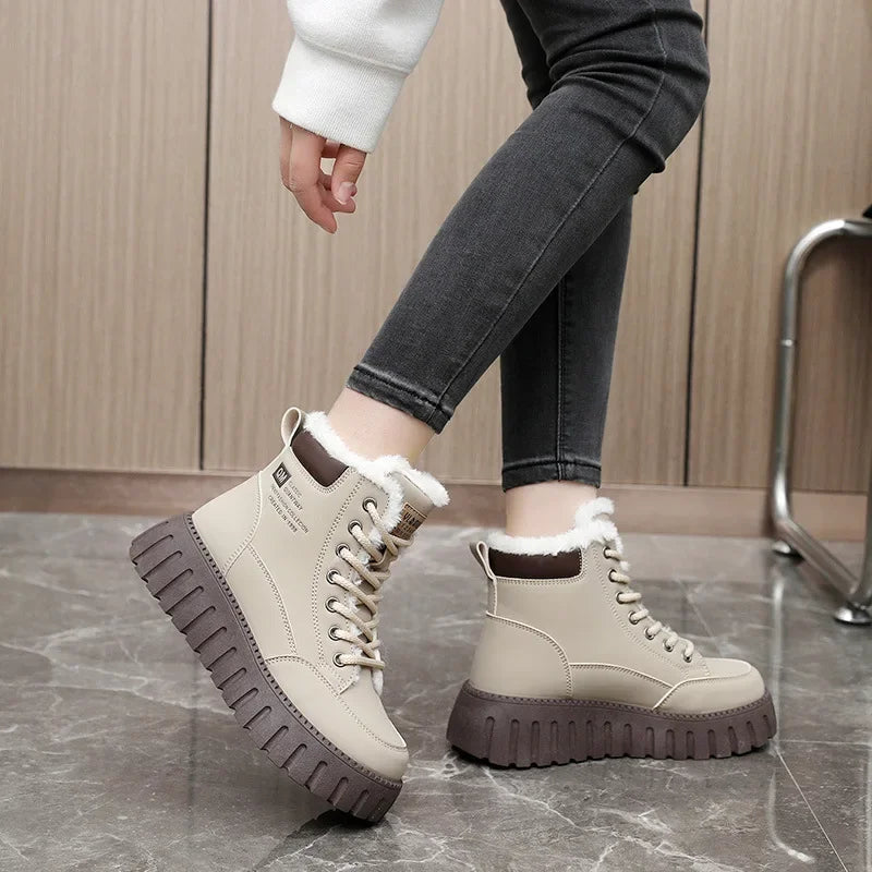 Women's Beige Plush Lined Lace-Up Ankle Boots with Chunky Sole - Image 2