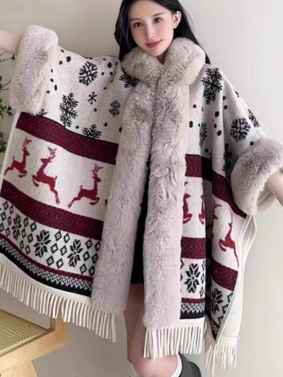 Women's Knitted Hooded Poncho with Fur Trim & Tassels for Winter