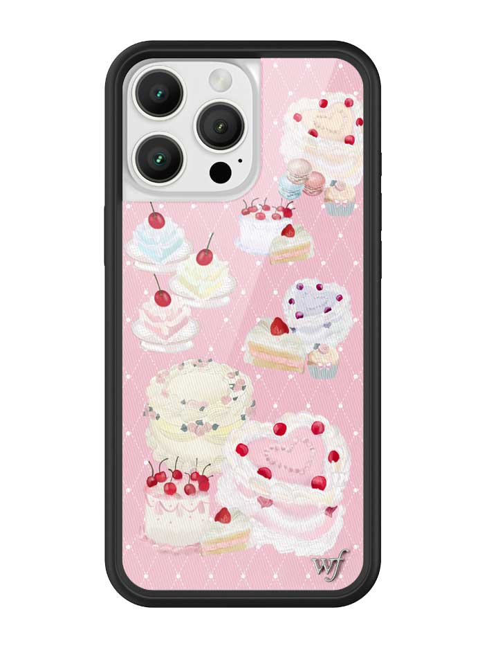 Sweet Cakes iPhone case with a white background featuring patterns of macaroons, heart cakes, and mini cupcakes