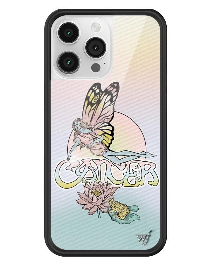 Cancer zodiac themed iPhone case featuring a fairy, water, and toad illustration with a protective black rubber bumper