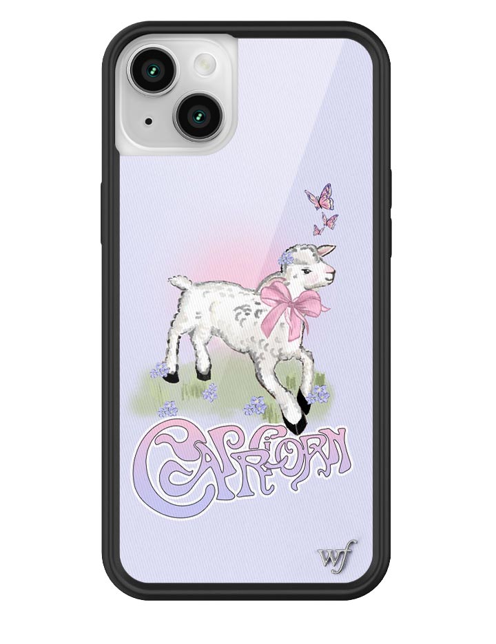 Lavender Capricorn zodiac iPhone case with a cute goat illustration and black rubber bumper.
