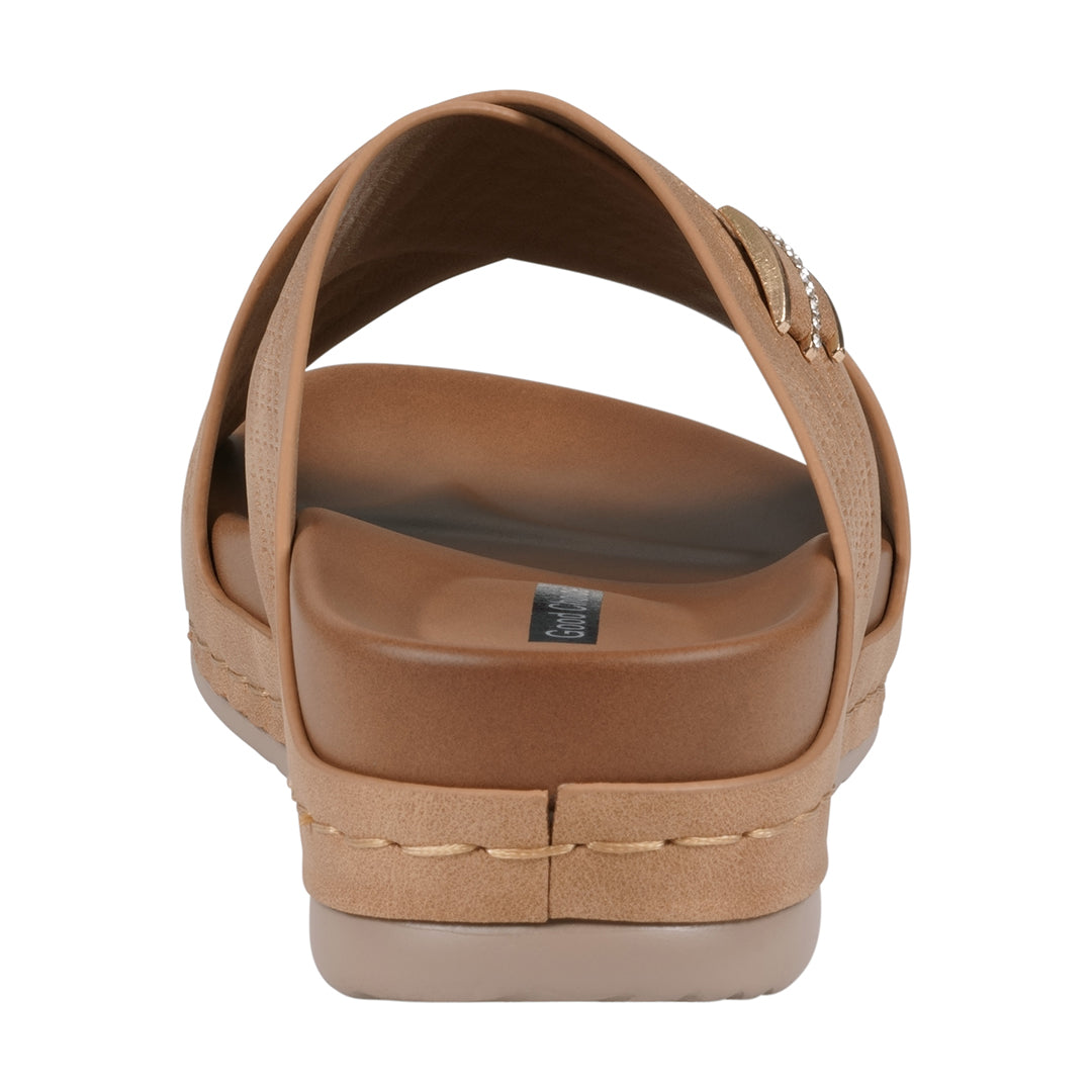 Women's Tan Comfort Sandals with Crisscross Straps and Metallic