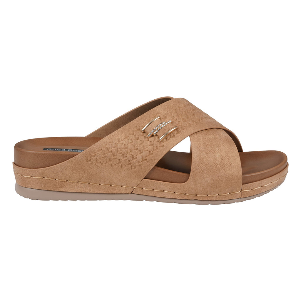 Women's Tan Comfort Sandals with Crisscross Straps and Metallic