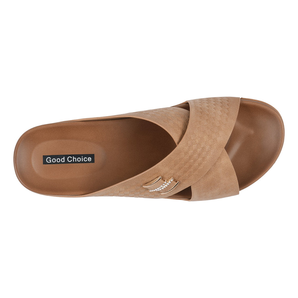 Women's Tan Comfort Sandals with Crisscross Straps and Metallic
