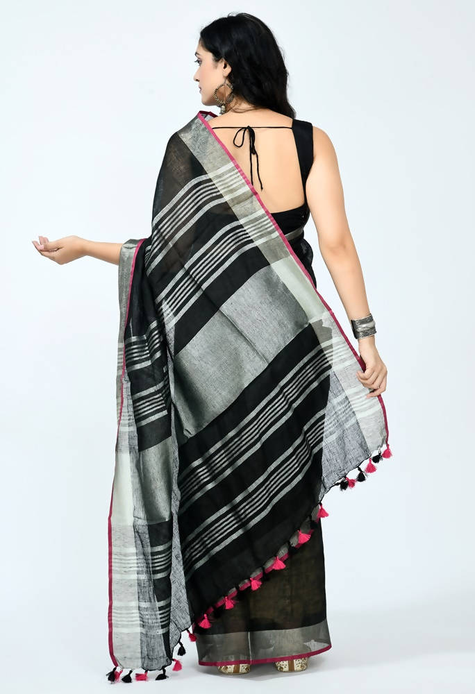 Black Pure Linen Saree with Contrasting Pink Blouse Piece