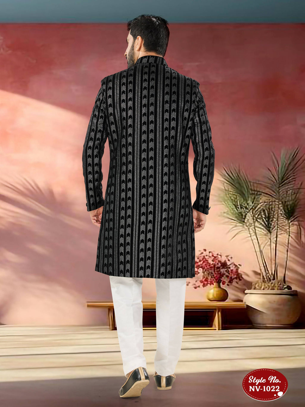 Men's Black Velvet Indo-Western Kurta Set with Sequin Embroidery