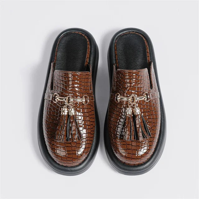 Black Croc-Embossed Tassel Mule Flats Women's Slip-On Shoes - Image 6