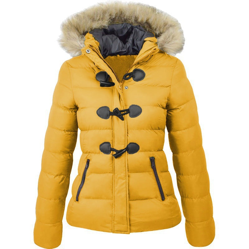 Yellow Puffer Coat with Faux Fur Hood & Toggle Buttons - Image 2