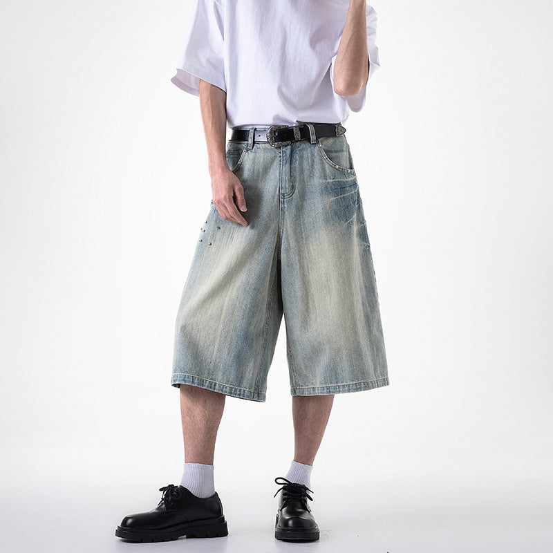Harajuku Wide Leg Cropped Denim Jeans in Light & Dark Blue - Image 3